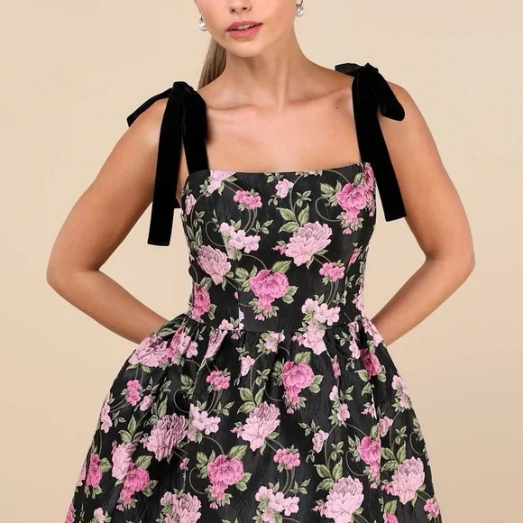 Lulus Black Floral Jacquard Mini Dress Tie Strap Skater Dress Small NWT - Picture 1 of 8